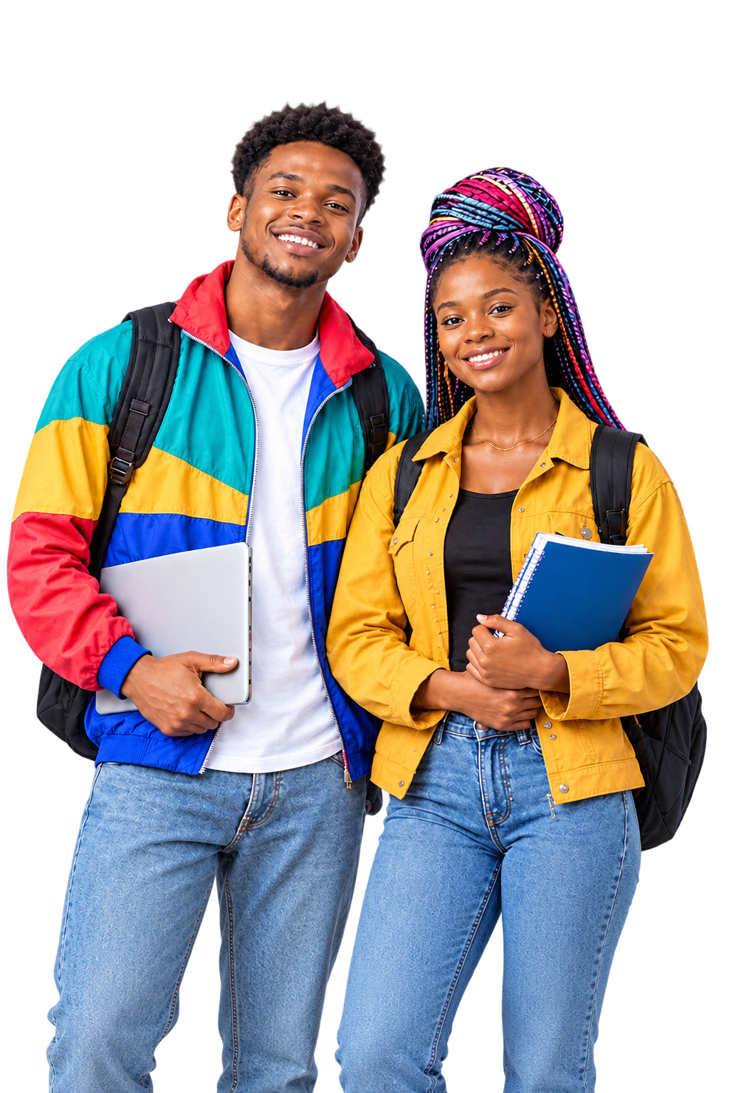 Two smiling students holding books and a laptop